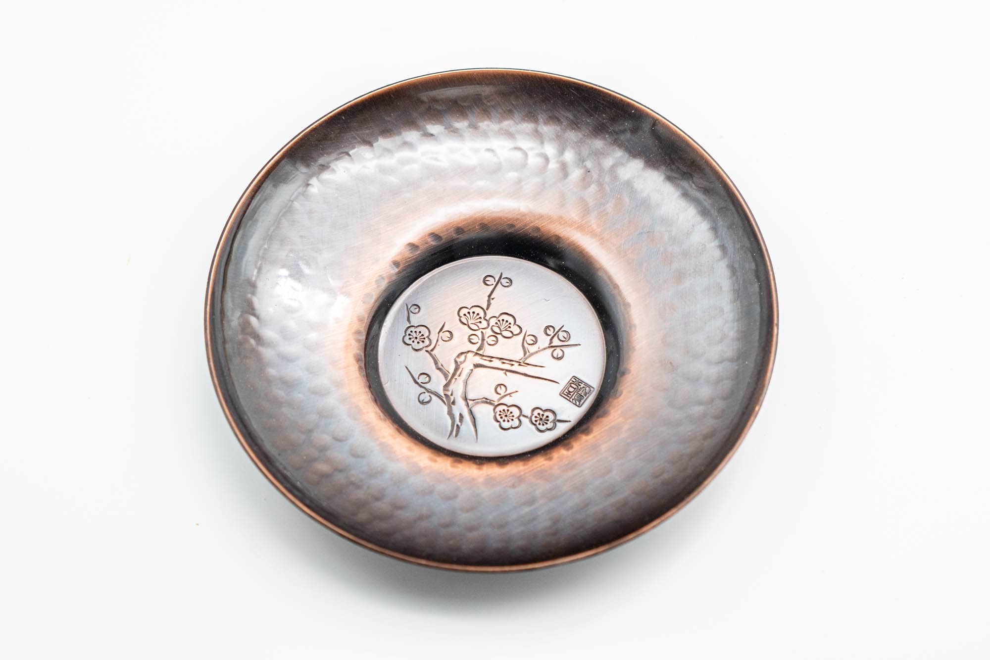 Japanese Chataku - Set of 5 Hammered Copper Uniquely Engraved Tea Saucers with Chasaji Tea Scoop in Wooden Box
