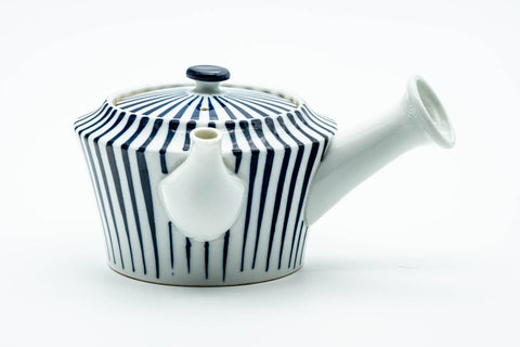 Japanese Kyusu - Blue Striped Weathered Arita-yaki Ceramic Filter Teapot - 300ml