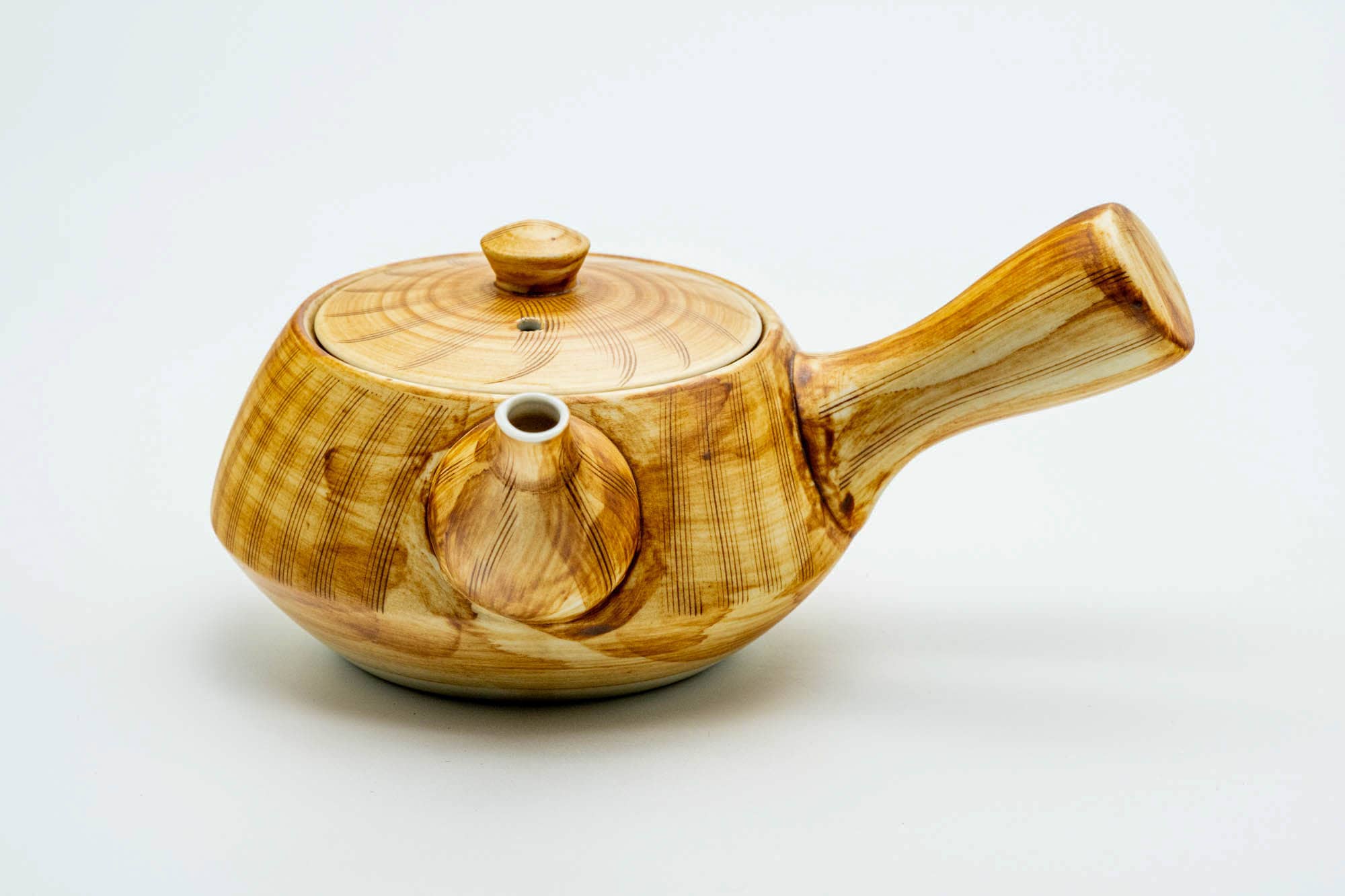 Japanese Kyusu - Yellow Brown Glazed Striped Arita-yaki Ceramic Filter Teapot - 240ml