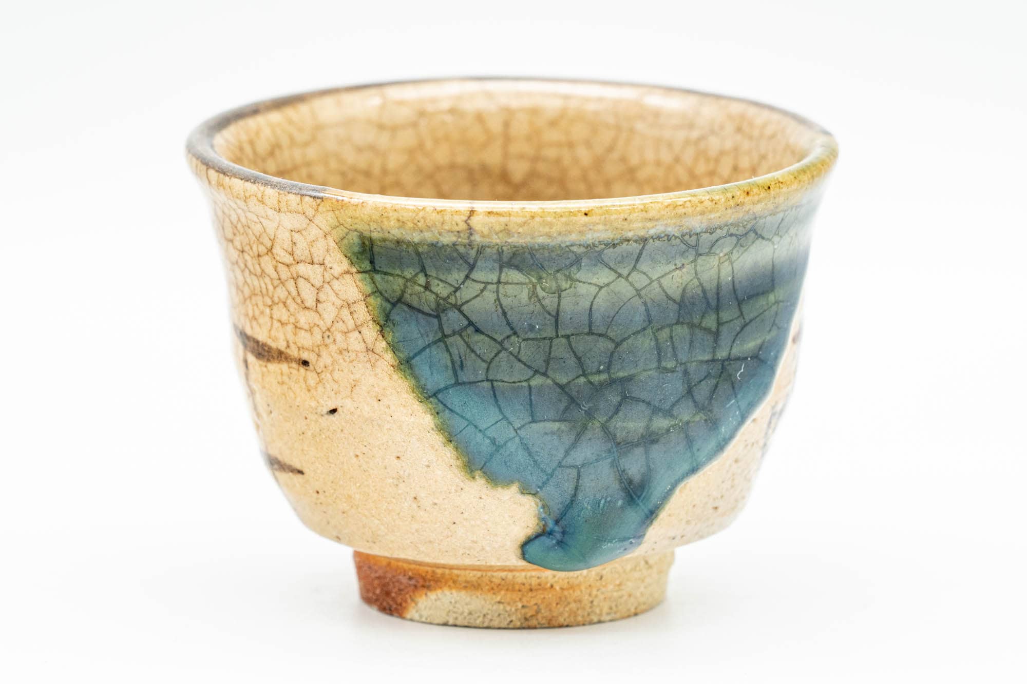 Japanese Teacup - Floral Geometric Green Drip-Glazed Oribe-yaki Guinomi - 50ml