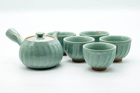 Japanese Tea Set - Green Celadon Glazed Kyusu Teapot with 5 Yunomi Teacups