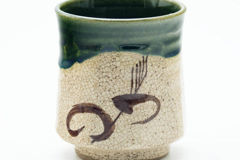 Japanese Teacup - Pair of Beige Green Drip-Glazed Oribe-yaki Meoto Yunomi