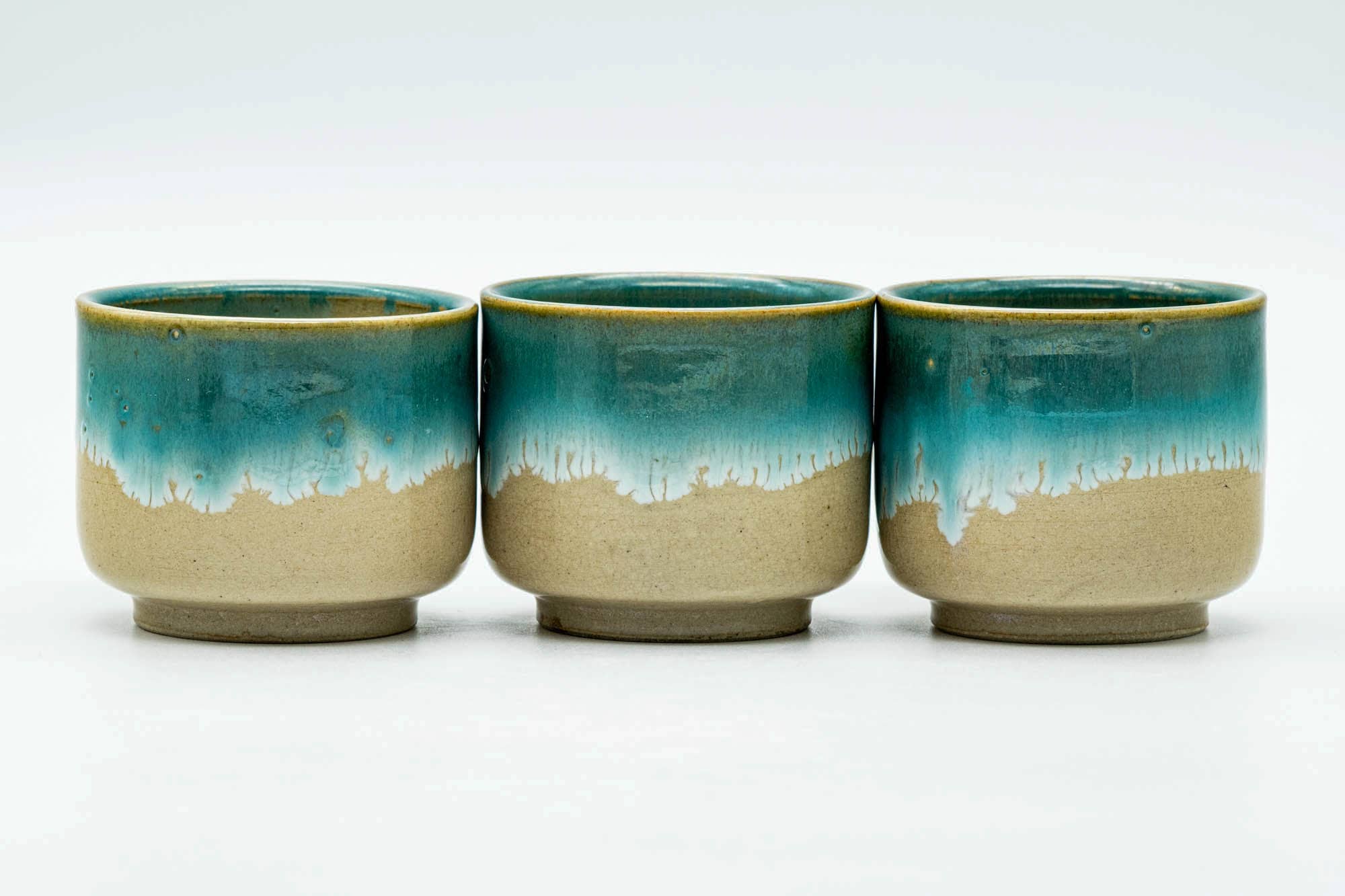 Japanese Teacups - Set of 3 Turquoise Drip-Glazed Agano-yaki Yunomi - 120ml