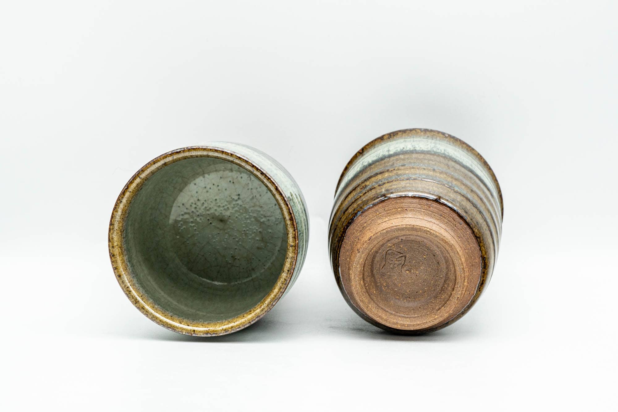 Japanese Teacups - Pair of Beige Hare's Fur Drip-Glazed Lidded Meoto Yunomi with Wooden Box