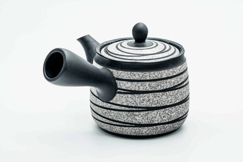 Japanese Kyusu - Black Striped White Textured Tokoname-yaki Obi-ami Mesh Teapot - 360ml