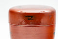 Japanese Natsume - Red Lacquer Spotted Matcha Tea Caddy - 80ml - high front view of the closed caddy showing the domed lid