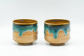 Japanese Tea Set - Agano-yaki Blue Drip-Glazed Do-ake Kyusu Teapot with 2 Yunomi Teacups - the two teacups