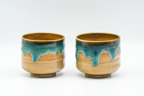 Japanese Tea Set - Agano-yaki Blue Drip-Glazed Do-ake Kyusu Teapot with 2 Yunomi Teacups - the two teacups