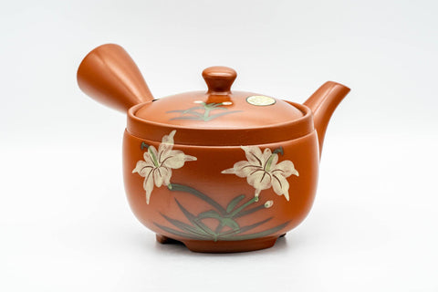Japanese Kyusu - Yellow Flowers Tokoname-yaki Mesh Teapot - 400ml - three-quarter view of the red shudei clay body with yellow floral decoration and side handle
