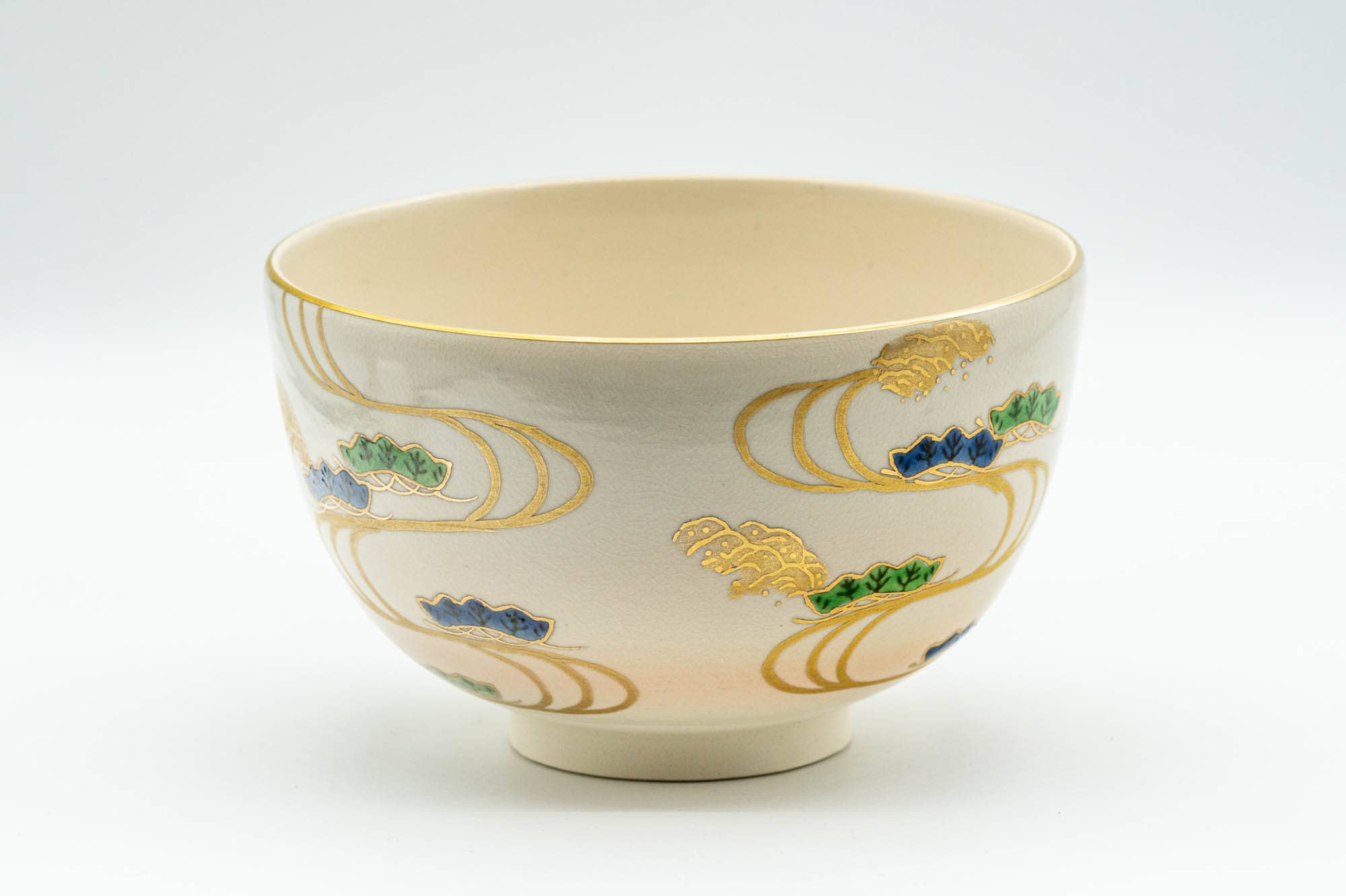 Japanese Matcha Bowl - Blue and Green Leaves Golden Geometric Kyo-yaki Chawan - 300ml