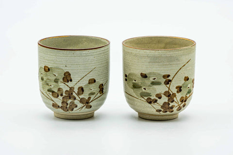 Japanese Teacups - Pair of Floral Sage Glazed Kiyomizu-yaki Yunomi - 120ml