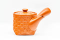 Japanese Kyusu - Basket-Patterned Red Shudei Tokoname-yaki Mesh Teapot - 160ml - three-quarter front view