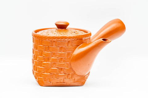 Japanese Kyusu - Basket-Patterned Red Shudei Tokoname-yaki Mesh Teapot - 160ml - three-quarter front view