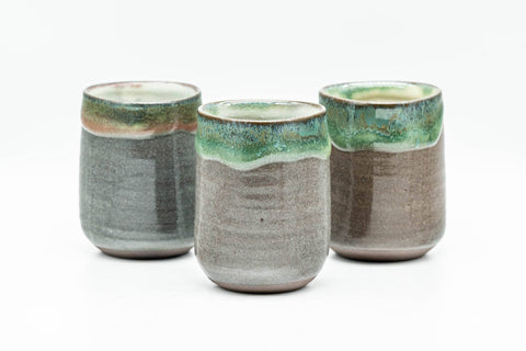 Tezumi — Japanese Teacup - Set of 3 Triangular-Shaped Green Drip-Glazed Yunomi - 90ml — front view