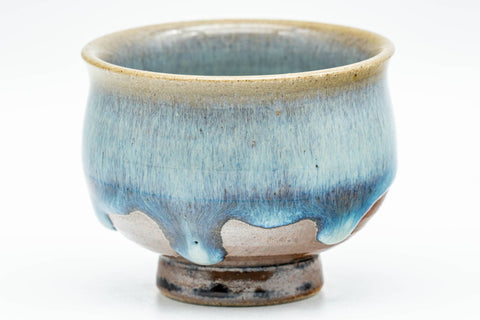 Japanese Teacups - Set of 3 Blue Turquoise Drip-Glazed Yunomi - 90ml - front view of a single cup showing the turquoise drip glaze