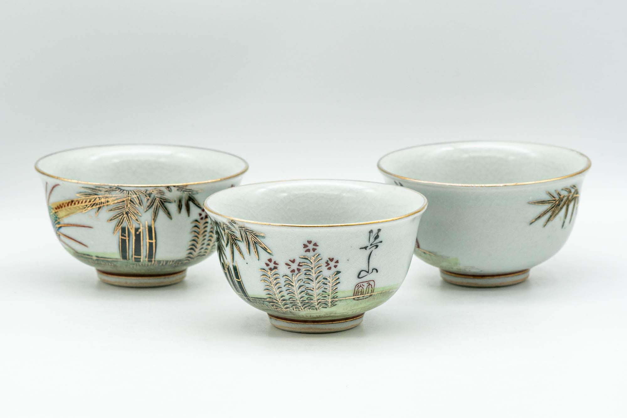 Japanese Tea Set - Bamboo Peacock Kutani-yaki Debeso Kyusu Teapot with 3 Yunomi Teacups - 430ml
