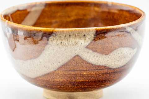 Japanese Matcha Bowl - Mottled Orange Glaze Wan-nari Chadamari Chawan - 300ml - close side view of the glazed exterior