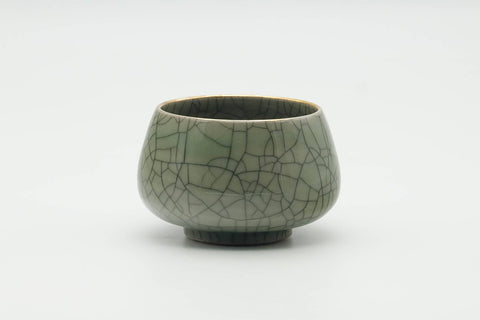 Japanese Teacup - Plump Crazed Green Celadon Obori Soma-yaki Yunomi - 150ml