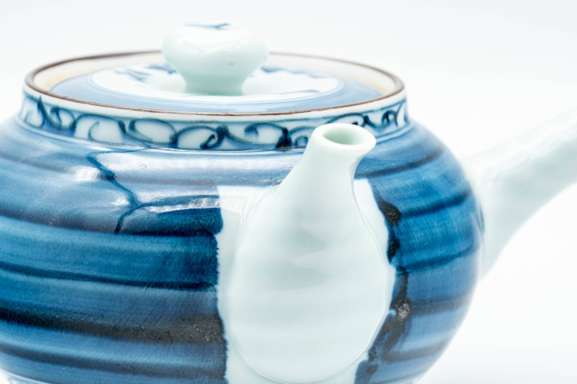 Japanese Kyusu - Blue Striped Village Arita-yaki Debeso Teapot - 300ml - Tezumi