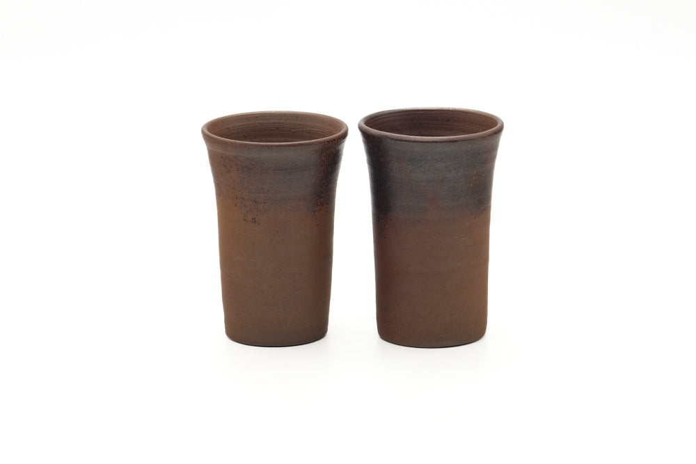 Japanese Teacups - Pair of Tall Brown Stoneware Yunomi - 250ml