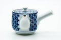 Japanese Kyusu - Blue Geometric Tessellated Arita-yaki Porcelain Teapot - 350ml - three-quarter view of the white porcelain body with a blue geometric tessellated pattern, lid on and side handle to the right