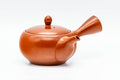 Front view of the burnt-orange teapot with domed lid and side handle.