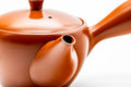 Japanese Kyusu - Calligraphy Engraved Tokoname-yaki Mesh Teapot - 275ml - three-quarter view showing the spout and handle junction