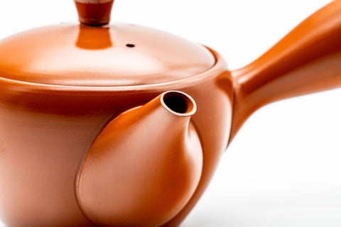Japanese Kyusu - Calligraphy Engraved Tokoname-yaki Mesh Teapot - 275ml - three-quarter view showing the spout and handle junction