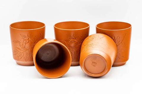 Japanese Tea Set - Floral Engraved Tokoname-yaki Kyusu Teapot with 5 Yunomi Teacups