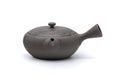 Mogake yakishime unglazed Tokoname kyusu teapot with side handle - three-quarter view, lid on, handle to the right