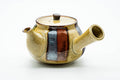 Japanese Kyusu - Beige Colourfully Striped Ceramic Filter Teapot - 400ml - side-front view showing the striped beige body, lid on