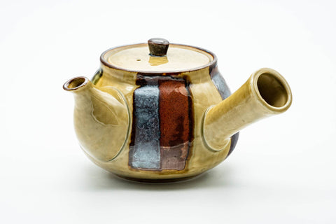 Japanese Kyusu - Beige Colourfully Striped Ceramic Filter Teapot - 400ml - side-front view showing the striped beige body, lid on