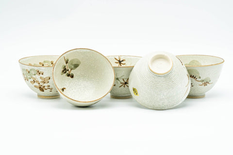 Japanese Teacups - Set of 5 Floral Kiyomizu-yaki Yunomi in Wooden Box - 150ml