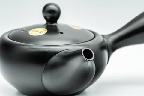 Japanese Kyusu - Floral Engraved Black Kurodei Tokoname-yaki Obi-ami Teapot - 300ml