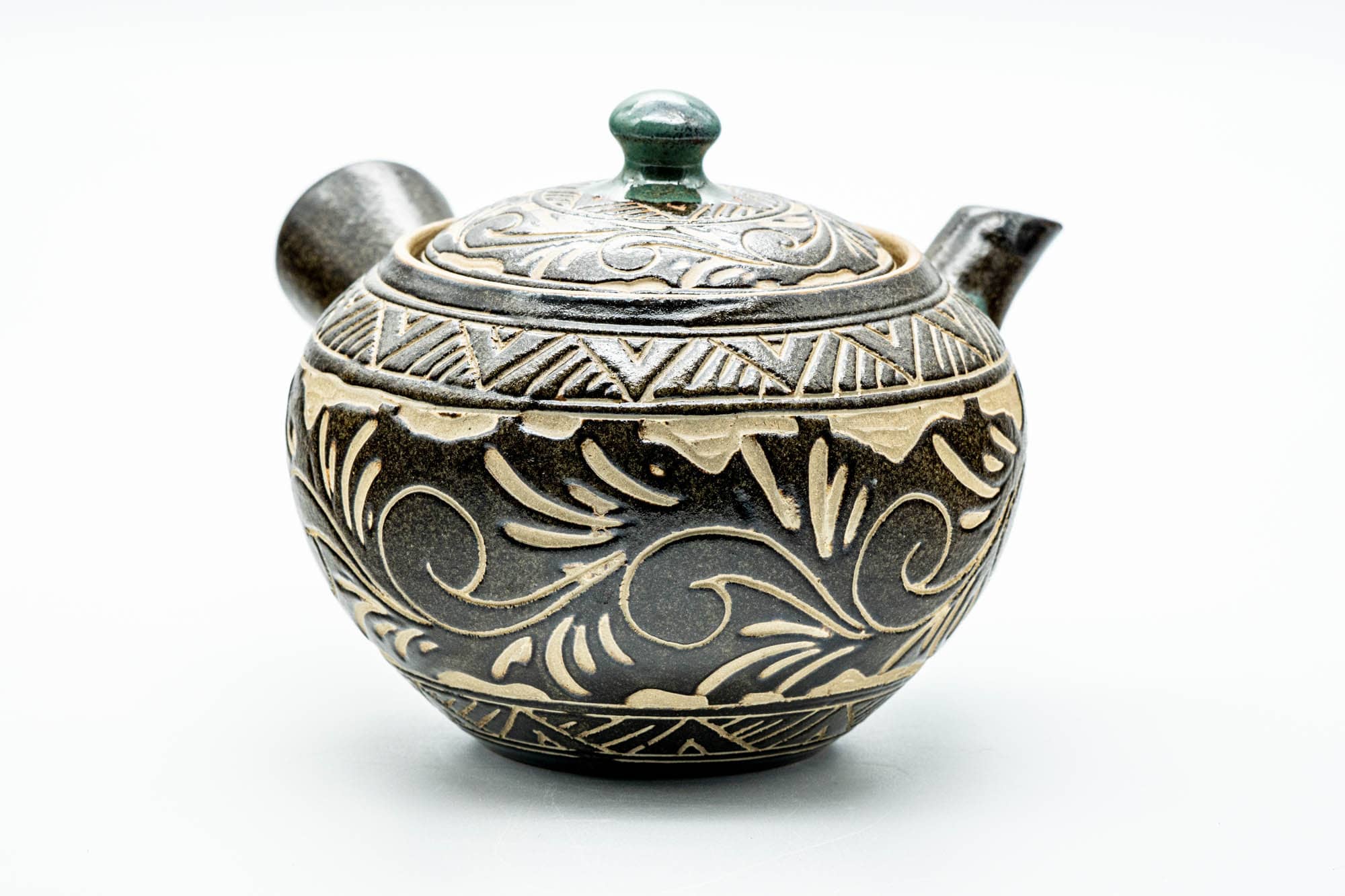 Japanese Tea Set - Floral Geometric Large Kyusu Teapot with 2 Yunomi Teacups