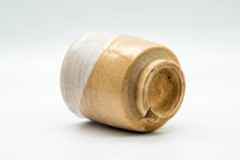 Japanese Teacup - Beige White Glazed Weathered Hagi-yaki Yunomi - 190ml - cup tipped to show the base