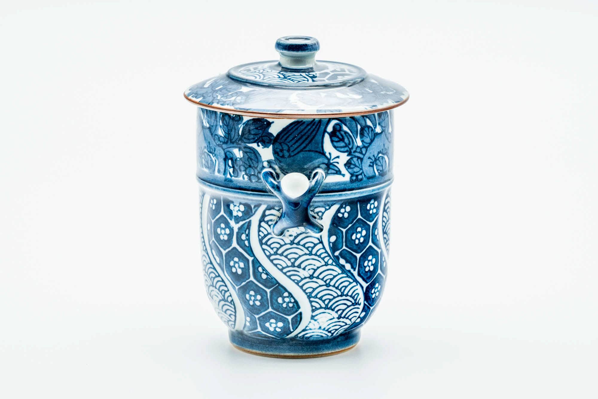 Japanese Teacup - Blue White Geometric Arita-yaki Lidded Yunomi - 180ml