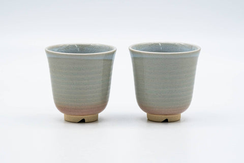 Japanese Teacups - 天鵬山 Tsubaki Kiln - Pair of Beige White Glazed Hagi-yaki Tulip-Shaped Yunomi - 120ml