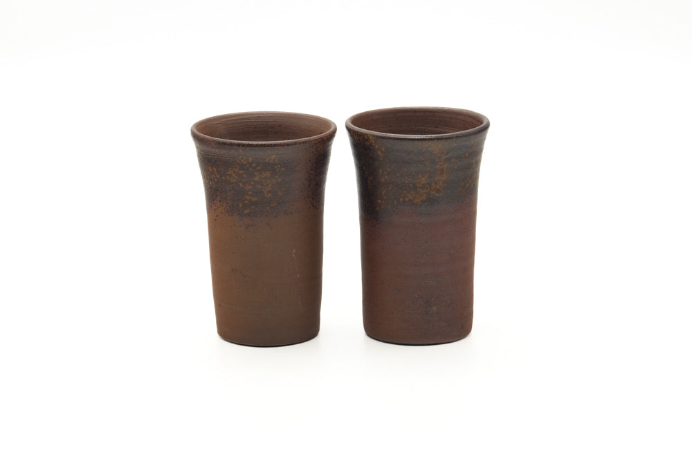 Japanese Teacups - Pair of Tall Brown Stoneware Yunomi - 250ml