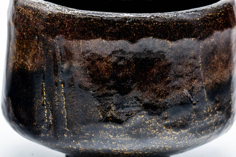 Japanese Matcha Bowl - 手 Faceted Black Amber Glazed Raku Chawan - 300ml