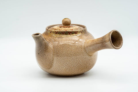 Tezumi — Japanese Kyusu - Weathered Beige Floral Bamboo Decorated Debeso Teapot - 270ml — side view showing the spout