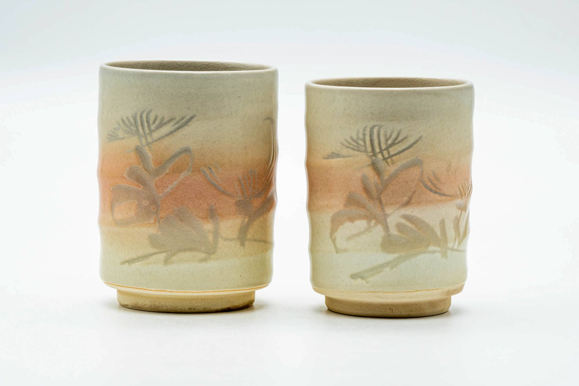 Japanese Teacups - Pair of Floral Engraved Spiraling Hagi-yaki Meoto Yunomi
