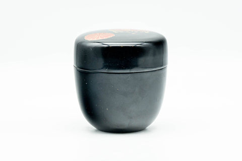 Japanese Natsume - Chrysanthemum Floral Black Lacquer Matcha Tea Caddy - 100ml - closed caddy, side view