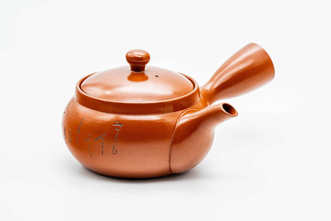 Japanese Kyusu - Calligraphy Engraved Red Shudei Tokoname-yaki Mesh Teapot - 325ml