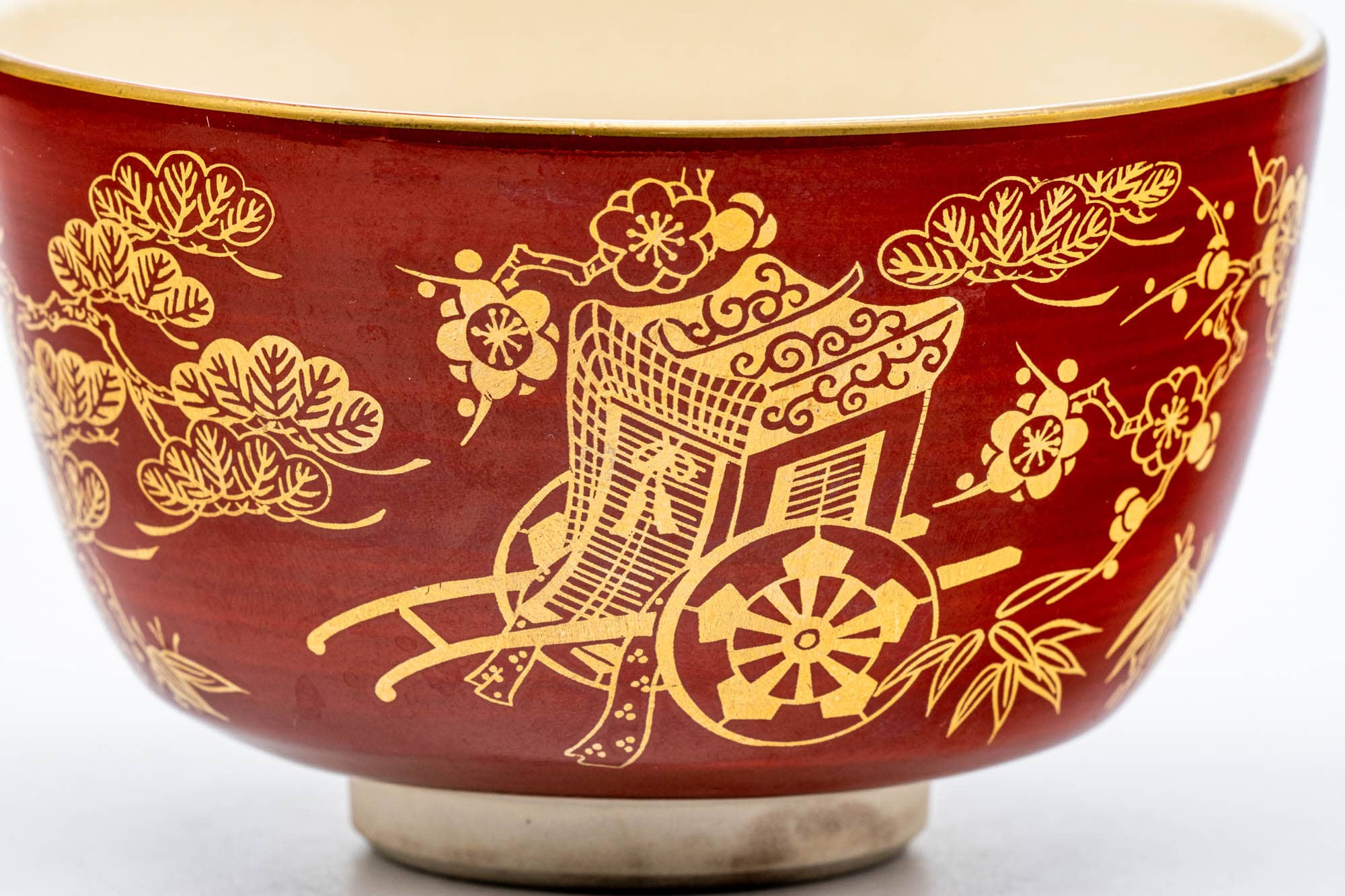 Japanese Matcha Bowl - Bamboo Floral Gold Red Kyo-yaki Chawan - 250ml