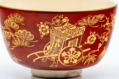 Tezumi — Japanese Matcha Bowl - Bamboo Floral Gold Red Kyo-yaki Chawan - 250ml — closeup of the glaze