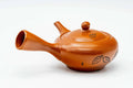 Red shudei Tokoname kyusu, three-quarter view with the spout to the right and handle to the left