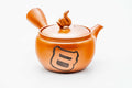 Red shudei Tokoname-yaki side-handle kyusu with a sculpted coiled-snake lid knob, three-quarter view with lid on and spout to the left