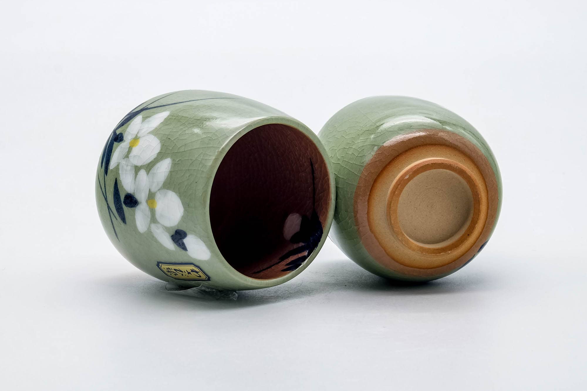Japanese Teacups - Pair of Floral Green Celadon Floral Meoto Yunomi
