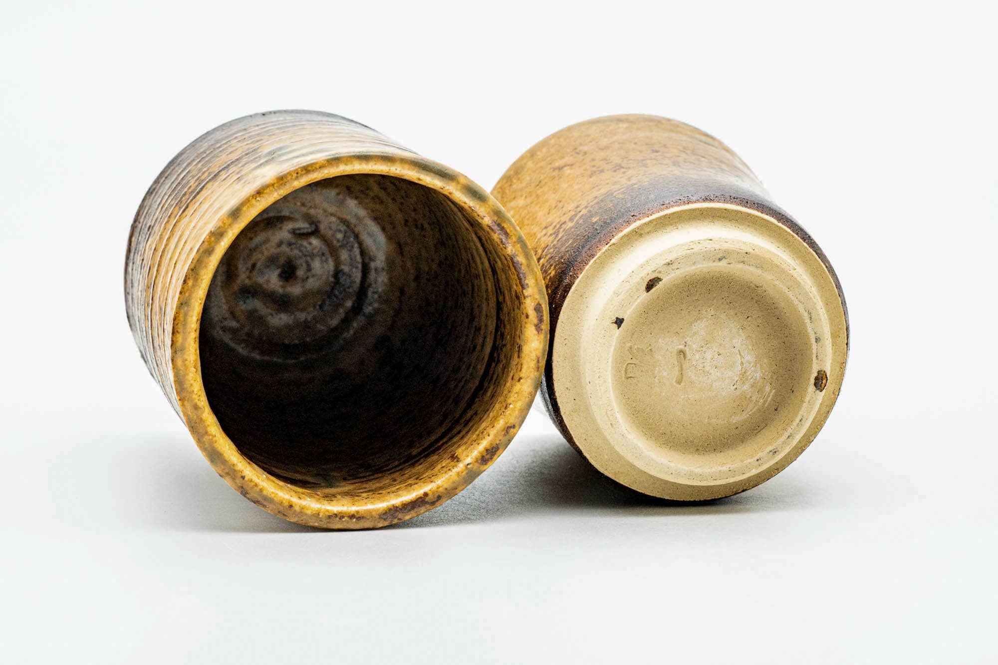 Japanese Teacups - Pair of Brown Yellow Drip-Glazed Meoto Yunomi